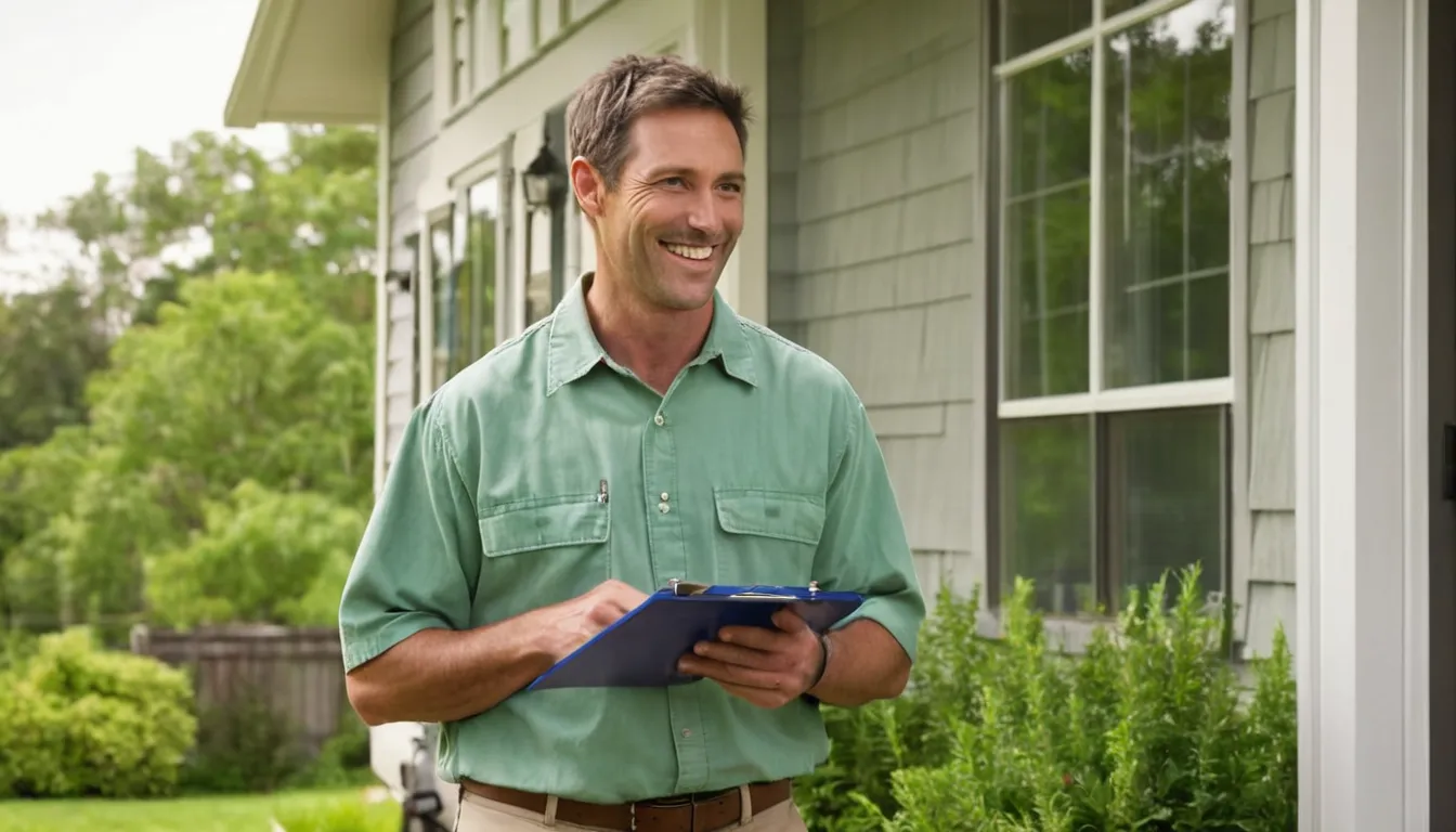 A friendly pest control provider talking with a homeowner at the front door of a Schaumburg house